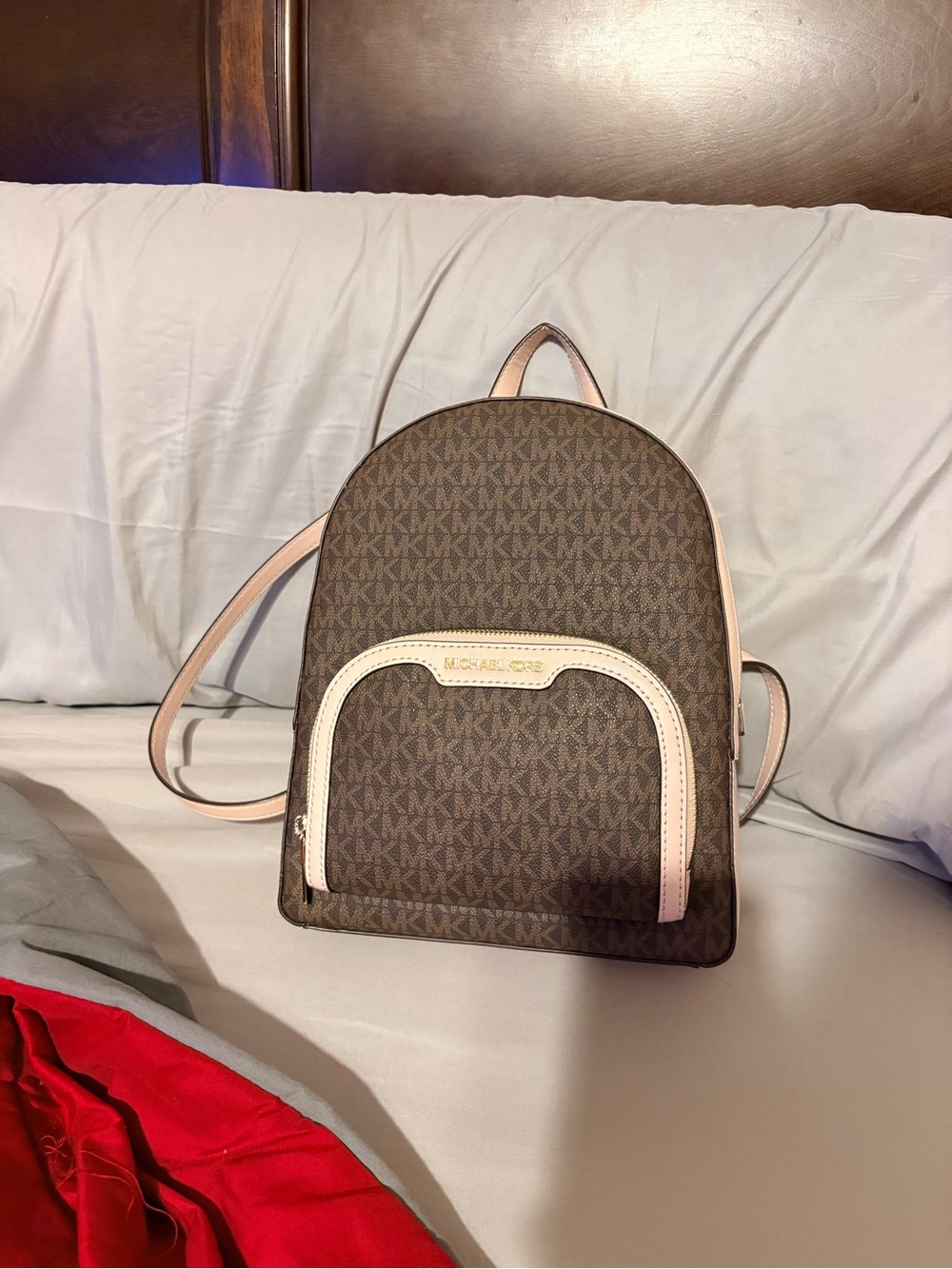 Michael Kors Brown and Pale Pink Signature MK Mini Backpack